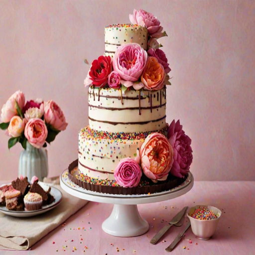 Create a three-tiered cake with a mix of vanilla and chocolate layers. Decorate the cake with colorful sprinkles and vibrant flowers, including roses and peonies, arranged around the tiers. The background should be softly blurred to emphasize the cake.