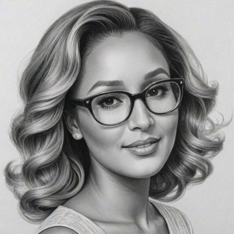 Lovely Adrienne Bailon, pencil sketch, portrait of Radiant woman 1950s in glasses, hair style beatnik, outline, clear lines, fine lines, 8k