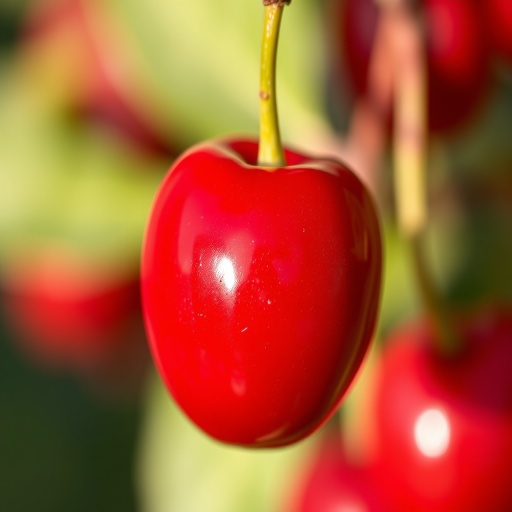 Create a high-resolution image of a shiny red cherry with a green leaf, using a 50mm lens at f/2.8 aperture, ISO 100, natural light, and a shallow depth of field to accentuate the rich colors and glossy texture in a soft-focus background.