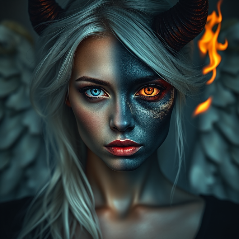 Misty Valley a close-up of a mysterious woman one half of her body and face is beautiful angelic appearance blue eyes white hair the other half of her body and face is demonic coal-black skin red eye and hair are burning with fire demonic horn on her back are wings corresponding to each part of the body. Dark atmosphere cinematic masterpiece clear focus