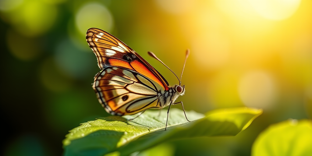 capture a close-up of a butterfly resting on a green leaf with soft natural sunlight, 50mm lens, f/2.8 aperture, ISO 100, shallow depth of field, macro photography style, DSLR camera