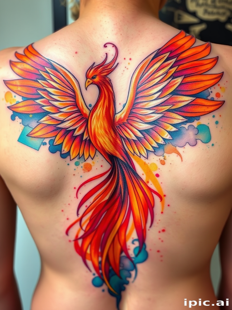 Vibrant watercolor tattoo of a majestic phoenix rising from ashes, with iridescent feathers and fiery hues, spreading its wings across the upper back, intricate details in every brushstroke