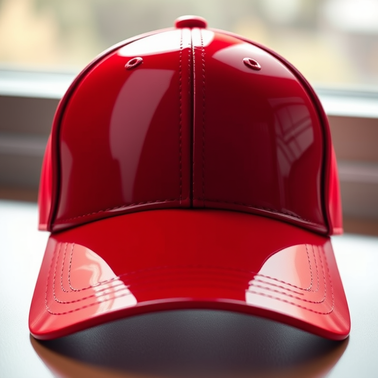 Create a high-resolution digital illustration of a red baseball cap featuring glossy highlights and sharp contrast, using a Canon EOS 5D Mark IV camera with a 50mm lens at f/2.8, in natural lighting from a 45-degree angle to enhance the three-dimensional effect.