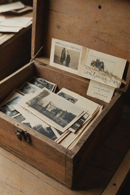 a rustic wooden box filled with various postcards and old photographs, with price tags of $1, $2, and $5 visible on the box, set in a softly lit environment