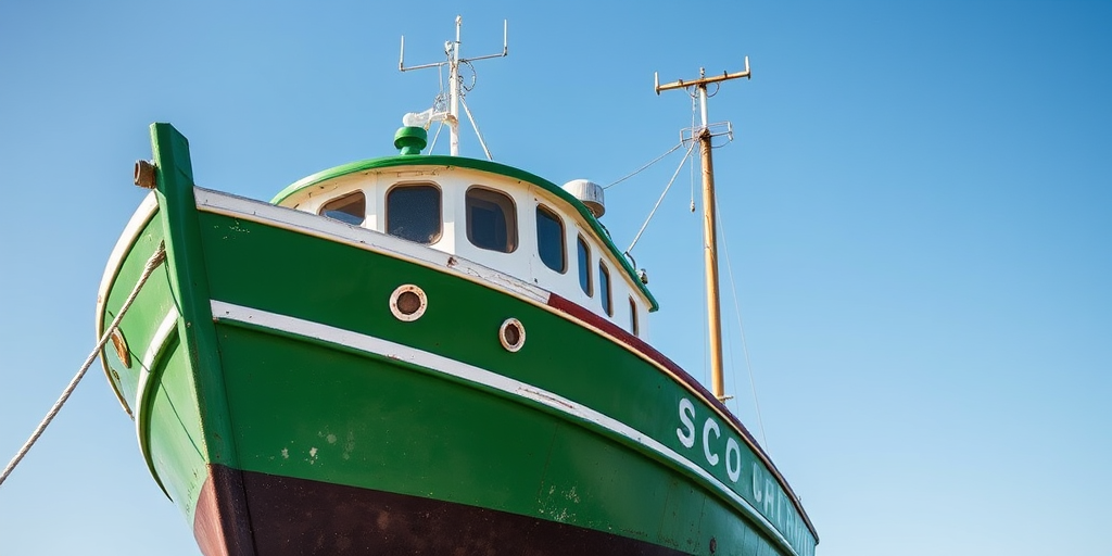 A vintage fishing boat with green and white colors, moored against a clear blue sky, taken with a DSLR camera at f/5.6, ISO 100, 1/250s, using a 35mm lens in a portrait view for enhanced detail and clarity.