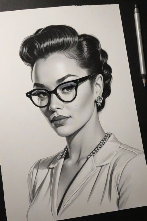 Sublime Grace Byers, pencil sketch, portrait of Dazzling woman 1950s in glasses, hair style beatnik, outline, clear lines, fine lines, 8k