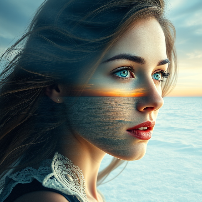 imagine Book cover, A surreal double exposure portrait that blends a woman's face with a beautiful seascape. The overall mood is dreamy and mystical, with rich colors and intricate details