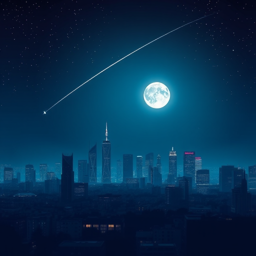 Generate a high-resolution digital illustration of a city skyline at night with a bright moon and a shooting star, using a DSLR camera settings of f/8 aperture, ISO 400, shutter speed 1/60 sec, capturing a wide-angle view with a soft focus effect to enhance the nighttime ambiance.