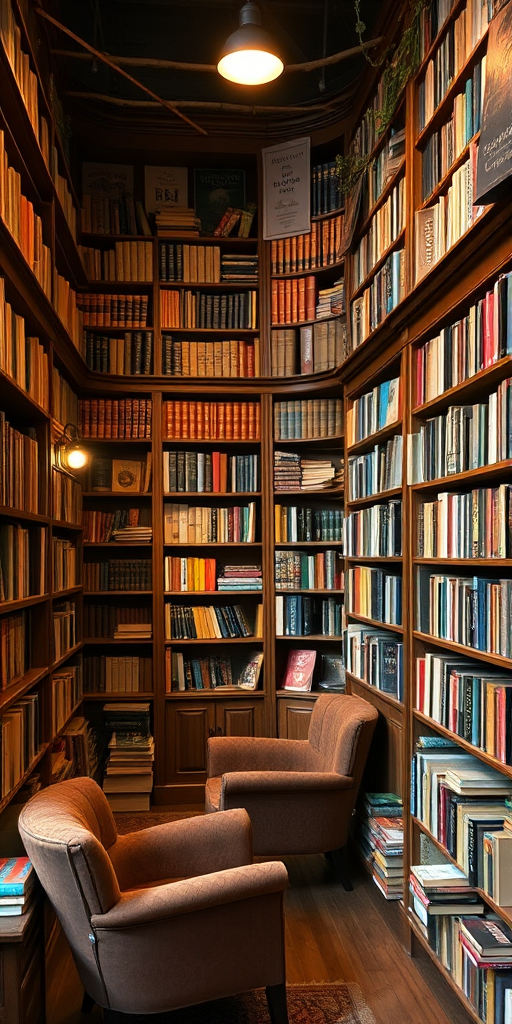 Charming old bookstore, with wooden shelves filled with books, a cozy reading corner with plush chairs, and soft lighting creating an inviting atmosphere for book lovers.