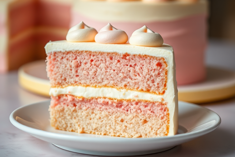 A slice of pink cake with layers of soft sponge and creamy frosting displayed on a white plate with a blurred background of more cake slices and a pastel color theme.