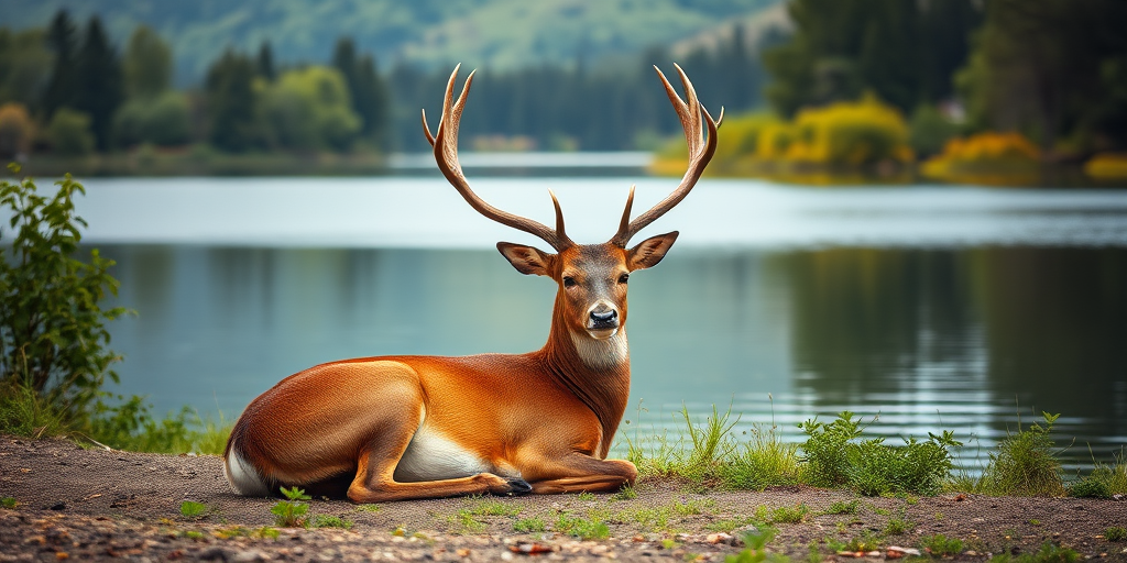 A majestic deer resting with prominent antlers beside a tranquil lake surrounded by greenery, captured with a DSLR camera at f/2.8, ISO 100, 1/250s, in soft, natural light, with a shallow depth of field to enhance details and blur the background.