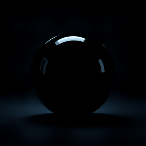 Create a high-resolution image of a sleek, shiny black sphere in a dark environment, with subtle reflections and a soft glow effect, shot with a DSLR camera using a 35mm lens at f/1.8, ISO 100, with a low angle view and soft focus background for enhanced depth.