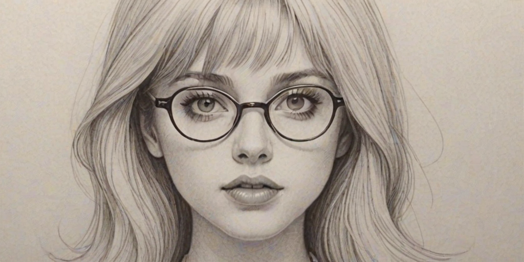 Wonderful Allison Harvard, pencil sketch, portrait of Enticing woman 1963s in glasses, hair style beatnik, outline, clear lines, fine lines, 8k