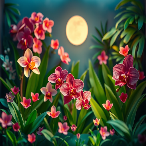 Create a vibrant 3D paper art scene featuring various orchids and tropical plants in a lush garden setting illuminated by a soft moonlight glow, shot with a Canon EOS R5, 50mm lens at f/1.8, ISO 100, 1/125s, with a shallow depth of field for enhanced detail and texture.