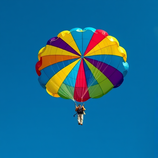 A close-up shot of a colorful parachute in a clear blue sky, using a DSLR camera with a 50mm lens, aperture set to f/8, shutter speed of 1/1000s, ISO 100, capturing vibrant colors and details against the backdrop of the sky.