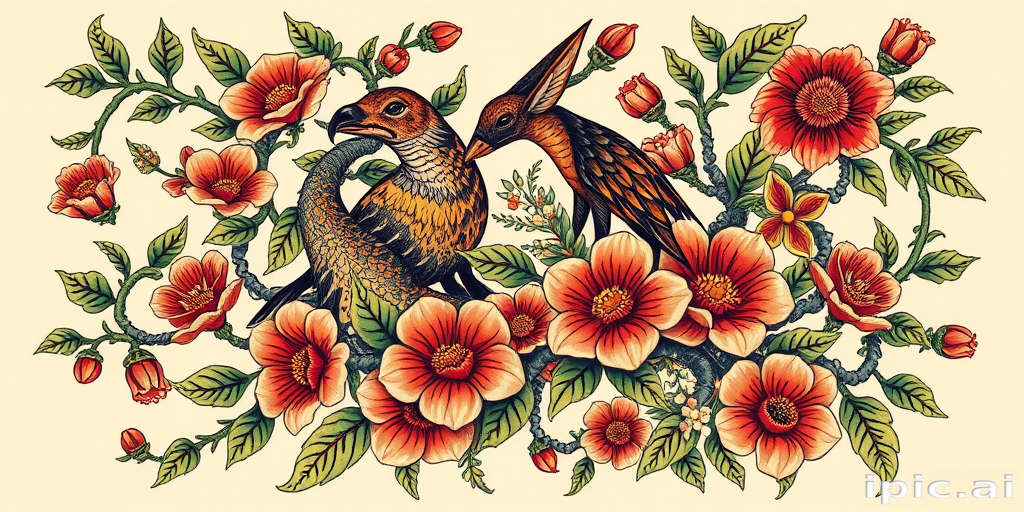 Neo-traditional tattoo piece titled "Nature's Embrace" combining elements of traditional and modern styles to create a bold stylized design of intertwining vines flowers and animals with rich saturated colors