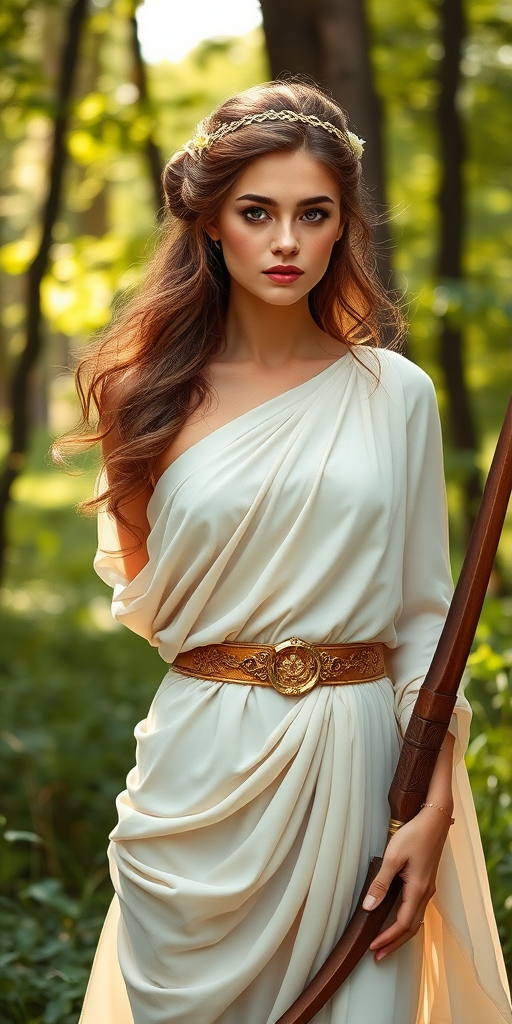 Create a portrait of a goddess-like Persian girl figure in a tranquil, forested environment. She has an elegant appearance with long, wavy hair styled in an updo and adorned with a delicate, floral headband. She wears a flowing, ancient Greek-inspired gown in a soft, pale color, featuring a one-shoulder design and draped fabric that accentuates her graceful form. The outfit includes a decorative belt with ornate gold detailing, and she holds a bow in her hand, with a quiver of arrows slung over her shoulder. The background depicts lush greenery, with sunlight filtering through the trees, casting a gentle, ethereal light on the scene. Her expression is calm and contemplative, embodying a sense of wisdom and serenity.