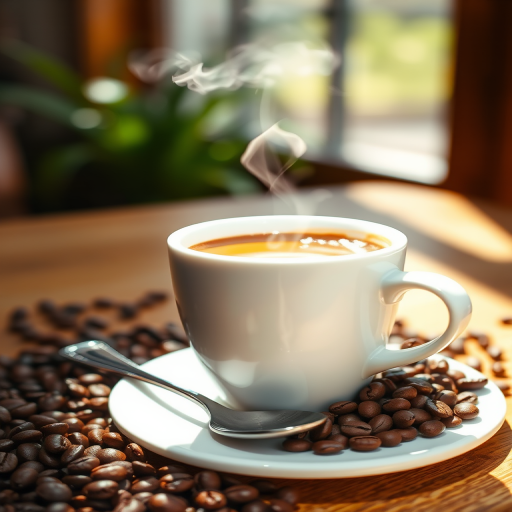 Create an image of a coffee cup with steam rising, surrounded by coffee beans and a spoon, captured in bright natural light with a shallow depth of field, using a DSLR camera at f/2.8, ISO 100, and a 50mm lens from a slightly elevated angle for a warm and inviting atmosphere.