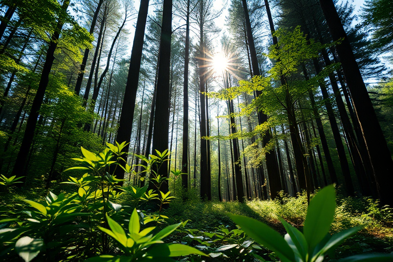 Create a high-resolution image of a tranquil forest scene with sunlight filtering through the trees, use a Canon EOS R5 camera, aperture f/2.8, ISO 200, shutter speed 1/125s, captured from a low angle to enhance depth, focusing on vibrant green foliage and soft shadows, with a shallow depth of field for an artistic effect.