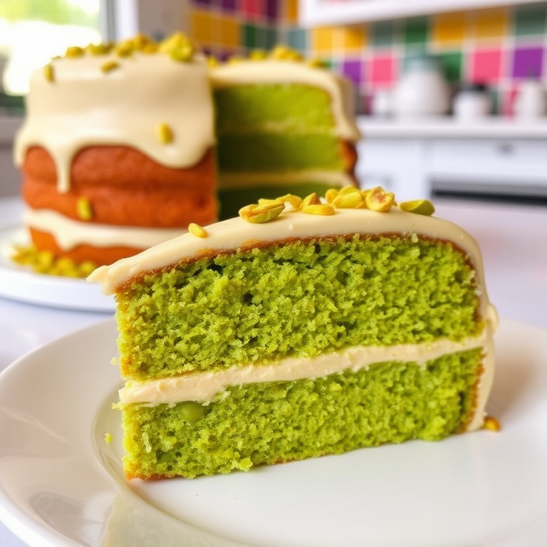 A slice of green cake with a creamy frosting, garnished with crushed pistachios on a white plate, with a blurred background of a whole cake and a colorful kitchen setting.