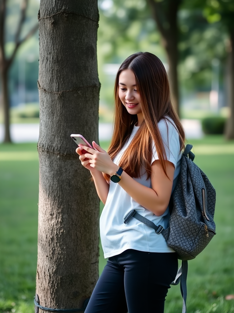 Portrait shot of a young woman with long hair standing beside a tree, looking at her phone, wearing a white t-shirt and black pants, with a unique backpack, taken with a DSLR camera, 50mm lens, f/2.8 aperture, ISO 100, natural lighting, shallow depth of field.