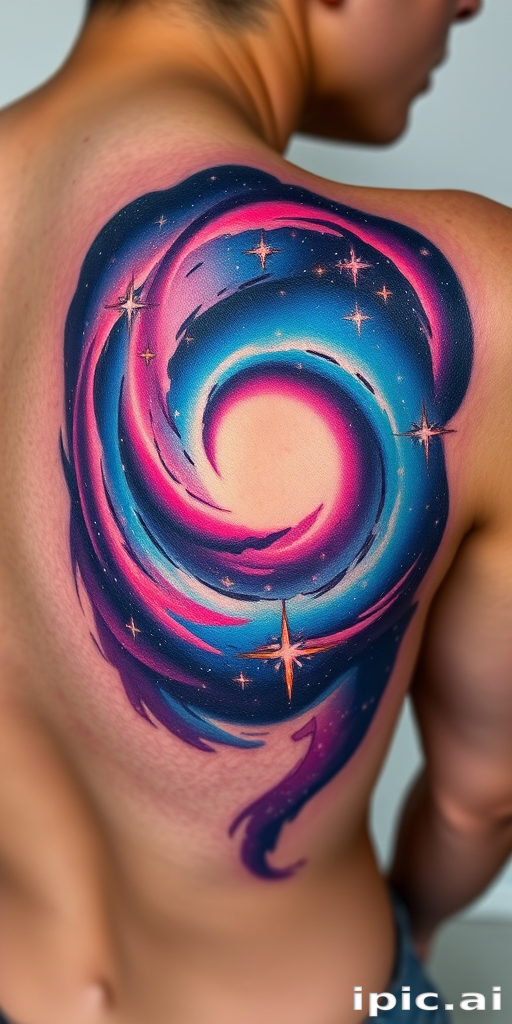 Ethereal body tattoo showcasing a cosmic galaxy swirling across the shoulder blades, rendered in vivid nebula-inspired hues with sparkling white ink stars