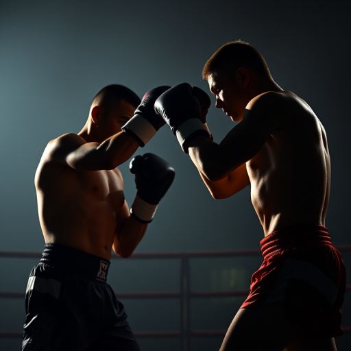 Generate a high-contrast silhouette of two fighters in a boxing stance, capture with a DSLR camera at f/2.8, 1/500s shutter speed, ISO 100, side view with a soft focus background for enhanced clarity.