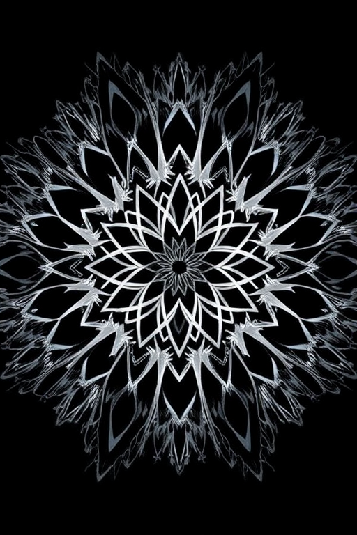 Create an abstract image with a black background featuring a white, intricate geometric design at the center, shot with a Canon EOS 5D Mark IV at f/8, ISO 100, 1/200s, using a macro lens for enhanced detail, high dynamic range, and top-down view for depth.