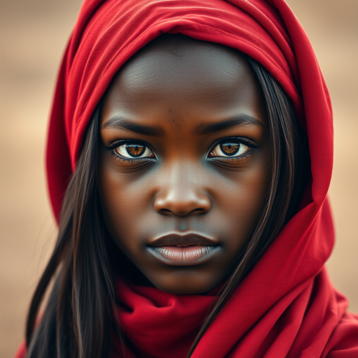 Create a portrait of a young Zulu woman with long, dark hair and captivating hazel eyes. She is wearing a red headscarf and a matching scarf draped gracefully around her neck. The background is softly blurred, focusing attention on her serene and natural expression. The overall color palette is muted and warm, enhancing the intimate and authentic feel of the portrait.