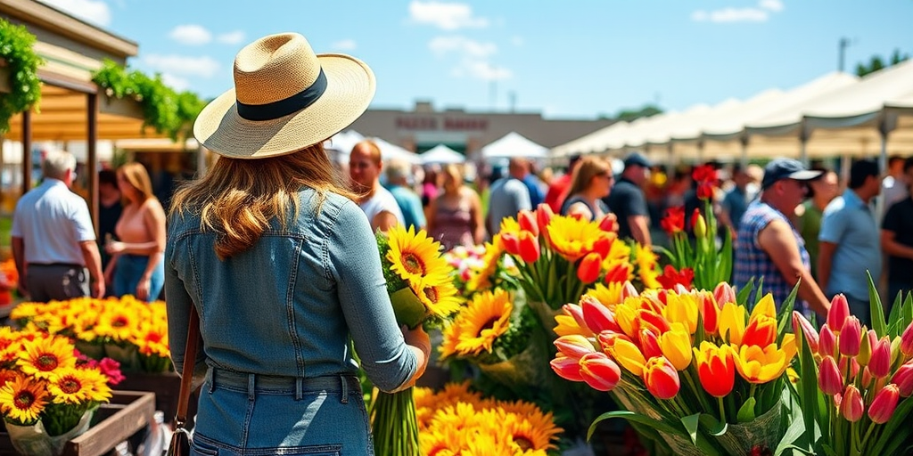 Bustling farmers' market on a sunny day, a woman with a wide-brimmed hat stands at a flower stall, selecting vibrant bouquets of sunflowers and tulips.