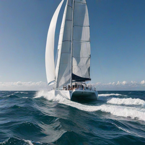 Create an image of a catamaran sailing on a large, rolling ocean wave under a clear sky.