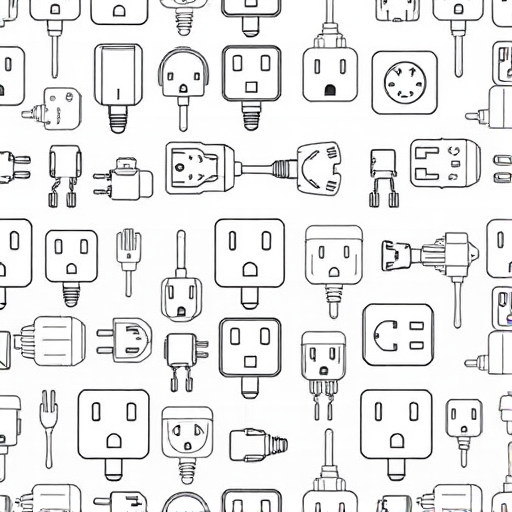 Create a seamless pattern of various electrical plugs and sockets in a minimalistic line art style, using a high-resolution digital camera with a 50mm lens, aperture set to f/8 for a sharp focus, ISO 100 for clarity, and a shallow depth of field to emphasize the intricate details of each plug and socket, shot from a top-down view.