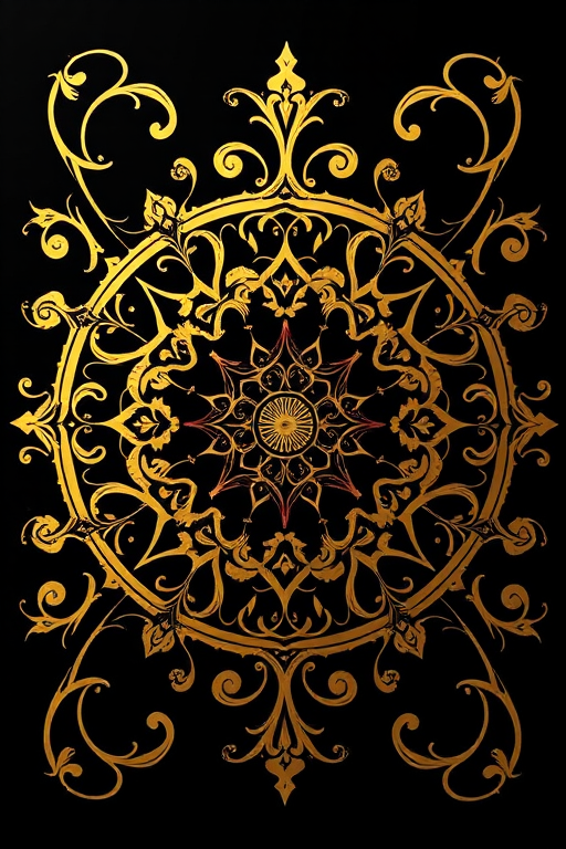 Create a high-resolution image of an intricate abstract design with golden swirls and geometric patterns on a black background, using a DSLR camera with a 50mm lens at f/1.8, 1/100s shutter speed, ISO 100, in a top-down view to capture detail and depth.