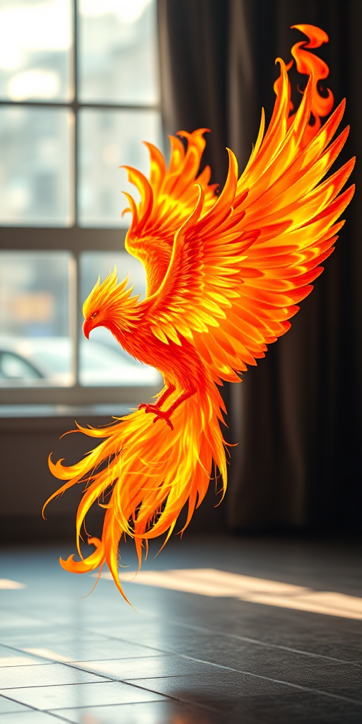 Generate a high-resolution image of a phoenix made of flames, using a Canon EOS R5 camera with a 50mm f/1.2 lens, aperture set to f/8, ISO 100, and shooting from a slightly low angle to emphasize the wings, in a well-lit environment for enhanced color and detail.