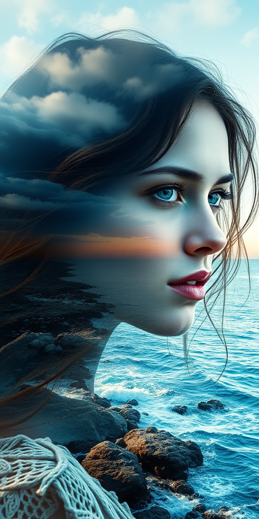 this picture is Book cover, A surreal double exposure portrait that blends a woman's face with a beautiful seascape. The overall mood is dreamy and mystical, with rich colors and intricate details