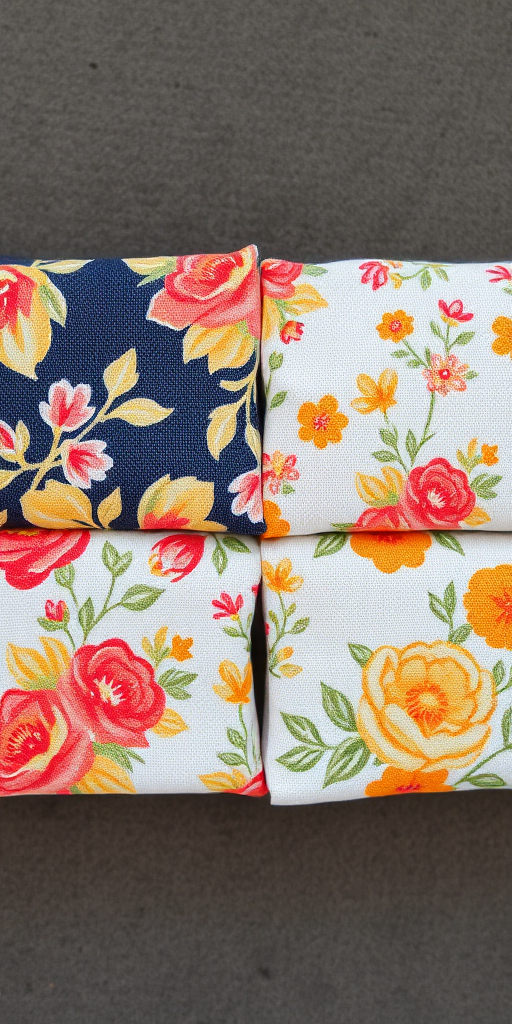 Capture a high-resolution image of four decorative fabric squares featuring floral patterns, arranged in a 2x2 grid; use a DSLR camera with a 50mm lens, aperture set to f/2.8 for shallow depth of field, ISO 200 for clarity, and natural lighting to enhance colors and textures.