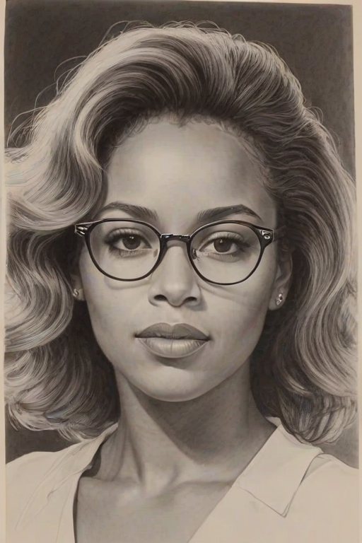 Enchanting Rachel True, pencil sketch, portrait of Gorgeous woman 1964s in glasses, hair style beatnik, outline, clear lines, fine lines, 8k