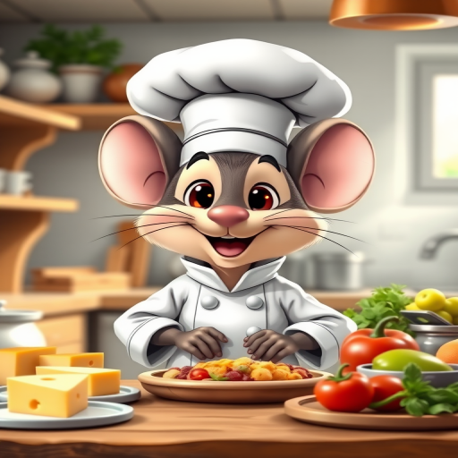 A cheerful cartoon mouse chef in a kitchen, wearing a chef's hat and white coat, surrounded by various ingredients like cheese, vegetables, and cooking utensils, soft natural lighting, 50mm lens, f/2.8 aperture, shallow depth of field, DSLR camera.