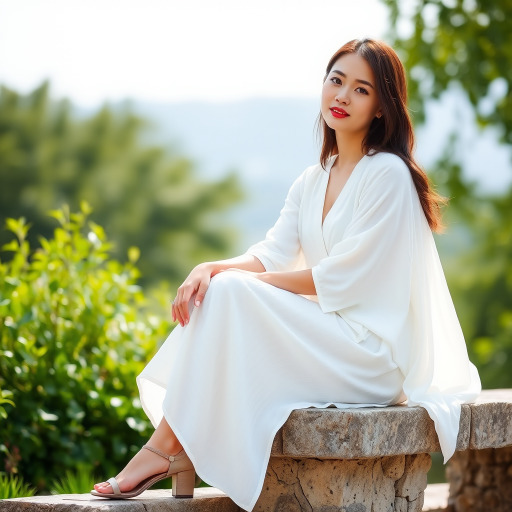 portrait of a young woman in a flowing white outfit sitting on a stone bench with greenery in the background, soft natural lighting, aperture f/2.8, shutter speed 1/200s, ISO 100, 85mm focal length, captured with a DSLR camera in a shallow depth of field style