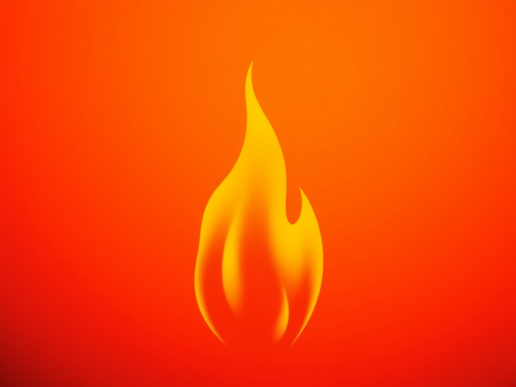 Create a high-definition image of a stylized flame silhouette against a vibrant orange background using a DSLR camera with a 50mm lens, aperture set to f/1.8, ISO 100, and a slow shutter speed of 1/60s to enhance color depth and sharpness.