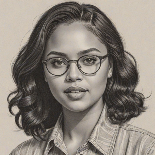 Superb Ayesha Curry, pencil sketch, portrait of Comely woman 1956s in glasses, hair style beatnik, outline, clear lines, fine lines, 8k
