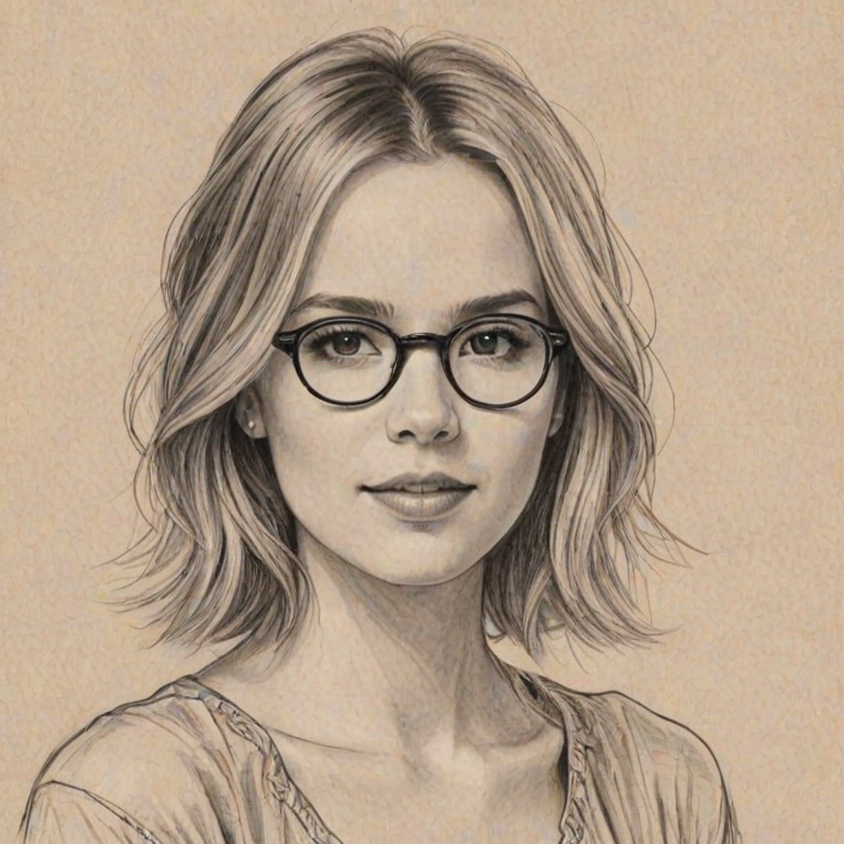 Alluring Bridgit Mendler, pencil sketch, portrait of Enchanting woman 1924s in glasses, hair style beatnik, outline, clear lines, fine lines, 8k