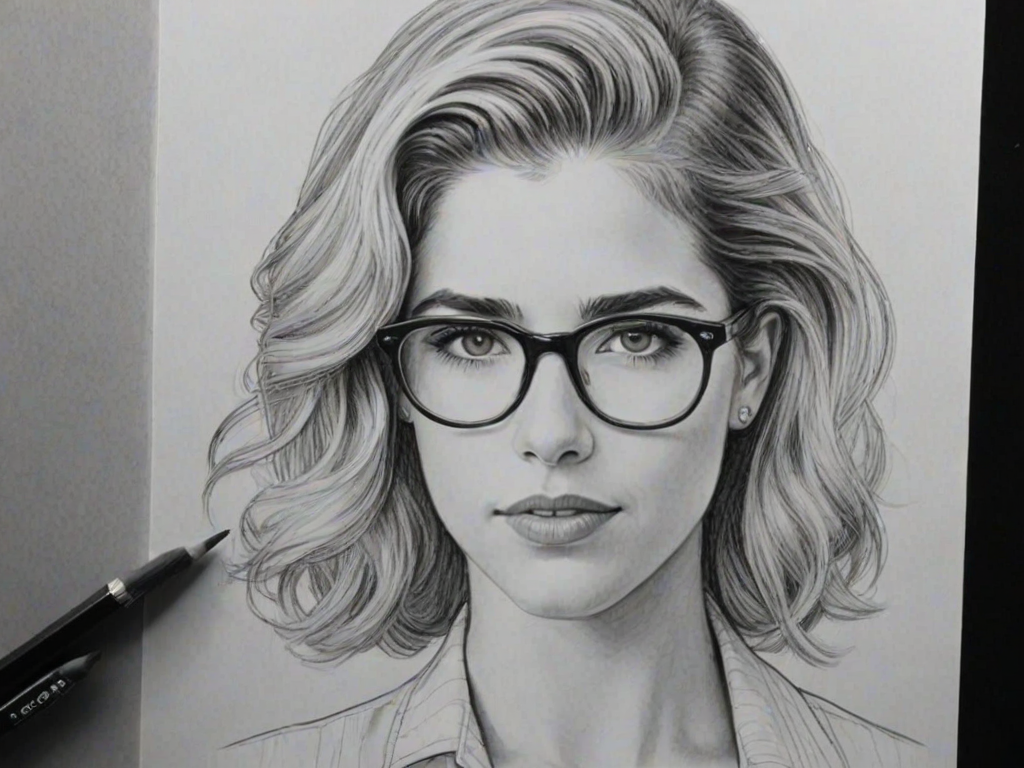 Exquisite Emily Bett Rickards, pencil sketch, portrait of Attractive woman 1939s in glasses, hair style beatnik, outline, clear lines, fine lines, 8k