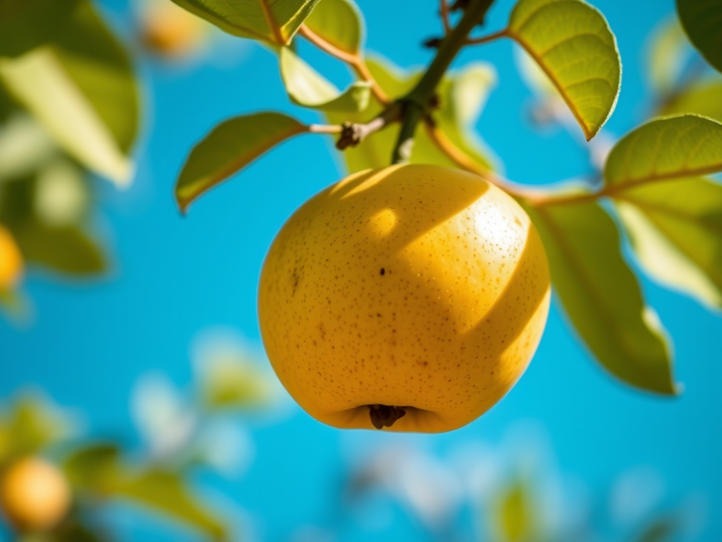 close-up of a ripe yellow quince hanging from a branch against a clear blue sky, DSLR camera, aperture f/2.8, ISO 100, focal length 50mm, natural light, vibrant colors, shallow depth of field