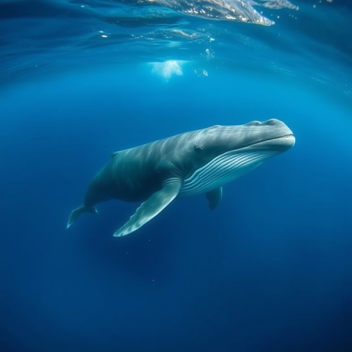 underwater photograph of a whale swimming gracefully through deep blue water, captured with a DSLR camera, 18mm focal length, f/2.8 aperture, ISO 400, 1/200s shutter speed, wide-angle view, natural lighting, high resolution
