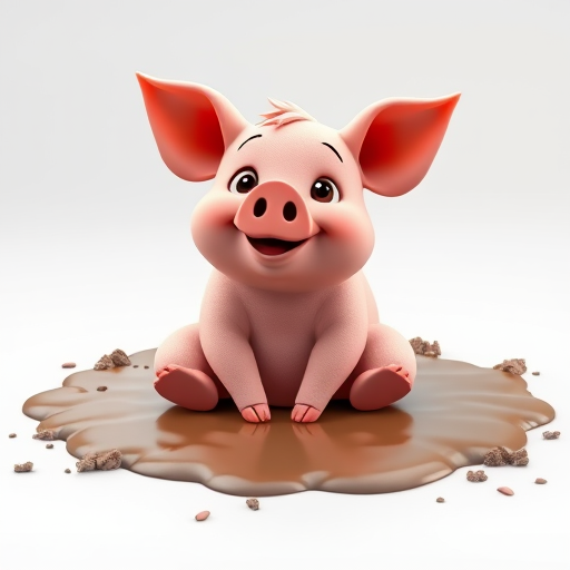 Create a 3D cartoon pig character sitting on a muddy puddle, cheerful expression, vibrant colors, soft shadows, high resolution, 50mm lens, f/2.8 aperture, 1/125s shutter speed, studio lighting, DSLR camera.
