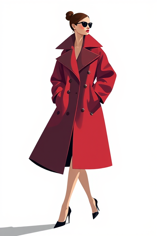 Create a high-resolution illustration of a stylized fashion figure wearing an elegant oversized coat with large collars and heels, shot with a Canon EOS R5 at f/2.8, ISO 100, 50mm lens, side lighting for dramatic effect, focusing on smooth contours and flowing lines in a minimalist style.