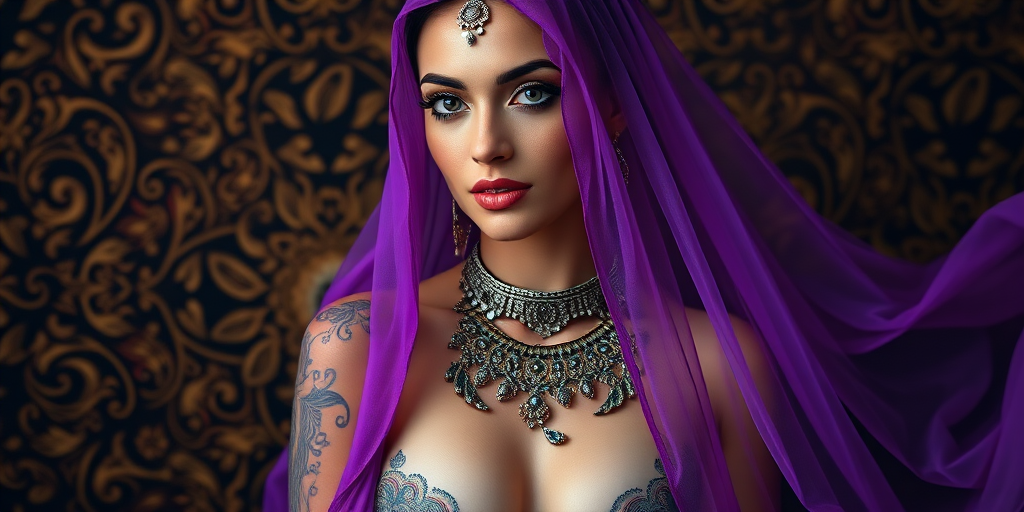 Create a highly detailed portrait of a woman with intricate body art and jewelry, draped in a flowing purple veil, against a richly textured, ornate background, captured with a Canon EOS R5, 85mm f/1.2 lens, aperture set to f/1.2, ISO 100, soft natural lighting for enhanced depth and sharpness.