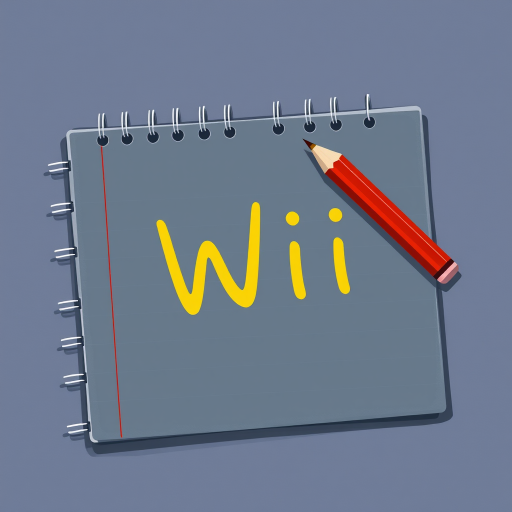 Create an illustration of a black notepad with a red and yellow pencil writing "Wii" on the top page, use a high-resolution digital camera with a 35mm lens, aperture set to f/2.8, shutter speed of 1/60s, and shot from a straight-on angle for clarity and detail.