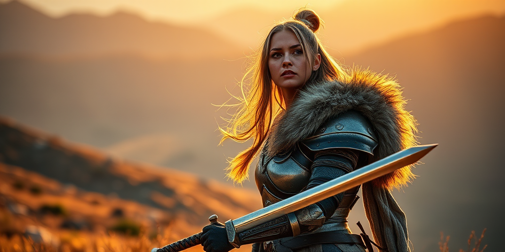A fierce warrior woman in a stunning landscape, wearing detailed armor with fur accents, holding a sword, golden hour lighting, shot with a Canon EOS 5D Mark IV, 85mm lens, f/2.8 aperture, ISO 100, HDR imaging, high-resolution, with a shallow depth of field for a dramatic effect.